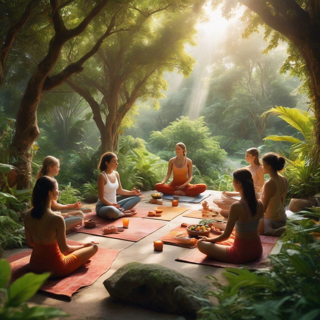 A serene landscape showcasing a diverse group of individuals engaged in various wellness activities such as yoga, meditation, and healthy cooking. Lush greenery surrounds them, symbolizing vitality and harmony, with sunlight filtering through trees to create a warm, inviting atmosphere. Elements like fruits, herbal teas, and wellness journals are subtly integrated into the scene. Illustrate a sense of community and empowerment through body language and expressions. vibrant colors. super-realistic.