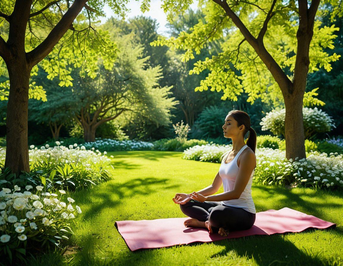 A serene scene depicting a person meditating in a lush green park, surrounded by blooming flowers and gentle sunlight filtering through trees, with motivational quotes about wellness subtly integrated into the foliage. Elements of fresh fruits, yoga mats, and water bottles spread around, symbolizing a healthy lifestyle. super-realistic. vibrant colors. calming atmosphere.